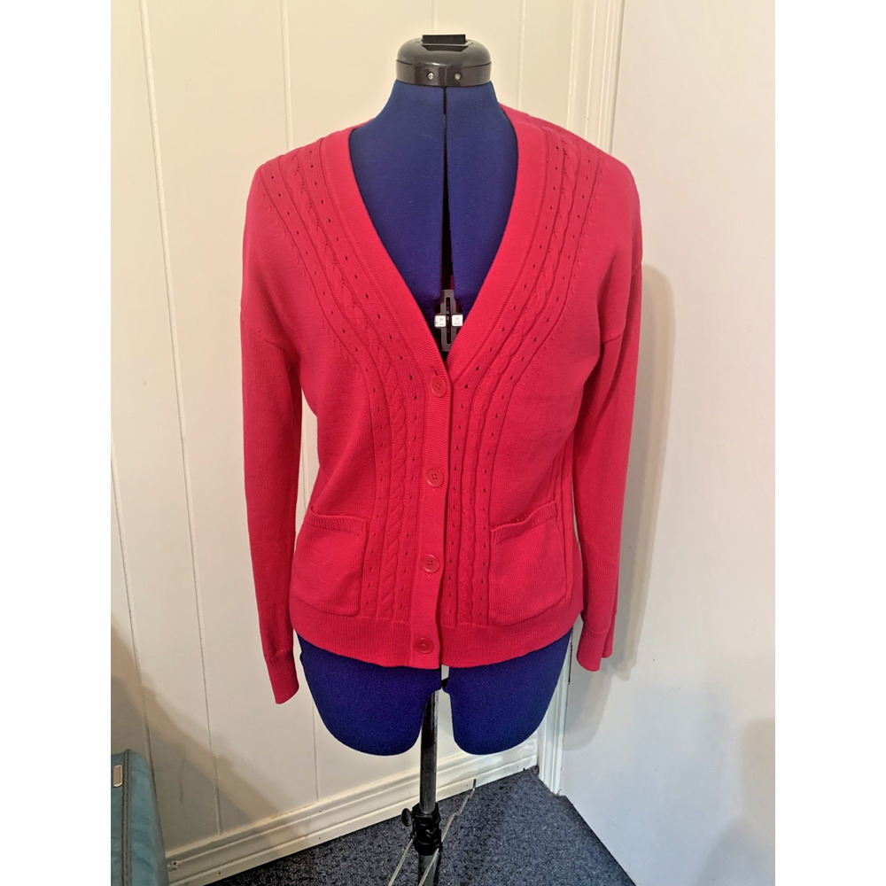 Talbots Women Cardigan Sweater Knitted Long Sleeve Pima Cotton Hot Pink Medium